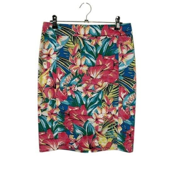 Loft Pencil Skirt Tropical Floral Print Zip Closure Stretch Comfort Size 0 - Picture 1 of 9